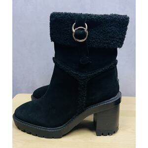 Kensie Zaila Womens Calf Boot Faux Fur Cuffed Chunky Block Heel Boots Size 7.5